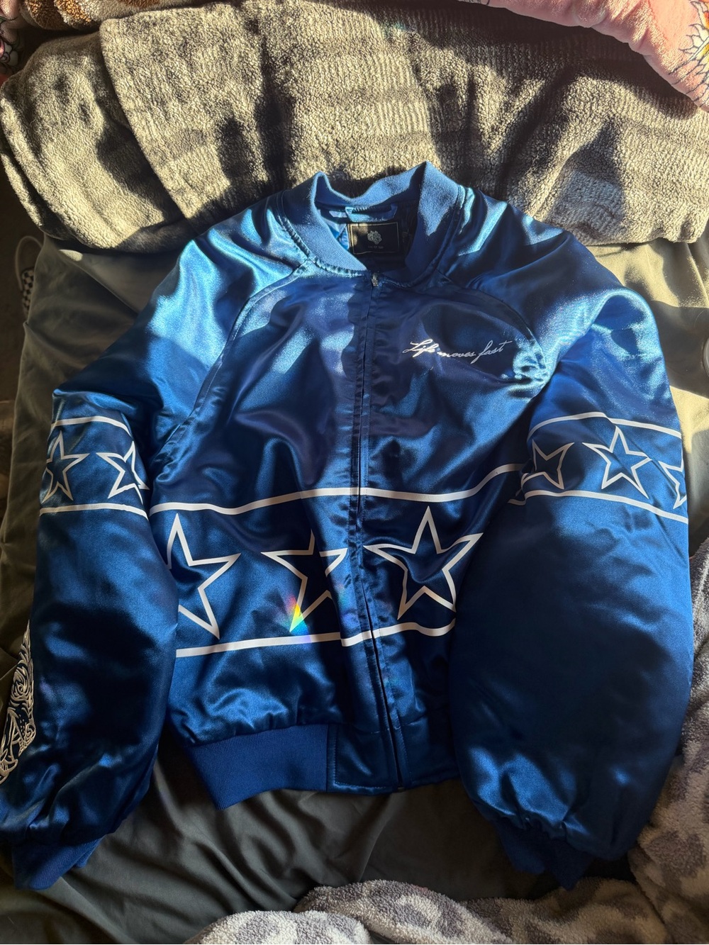 Darc Sport Blue Satin Star-Striped Bomber Jacket